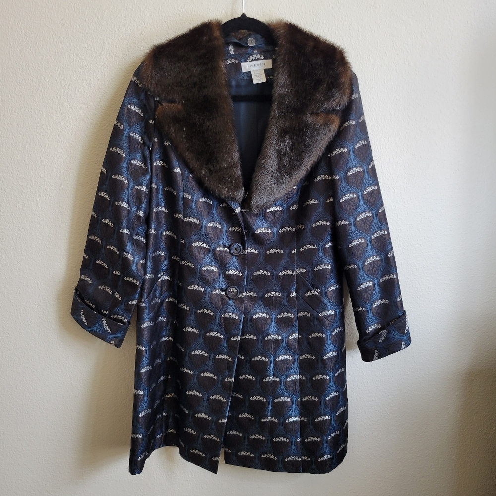 Nine West VTG Geometric Button down Coat Midnight Blue Removable Faux Fur Medium